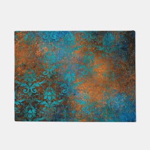 Paillasson Motif de Luxe Floral Décoratif Brun Bleu Grunge