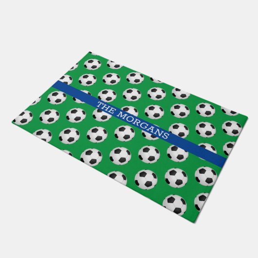 Paillasson Motif de soccer, Nom Blanc, Bleu & Vert (Incliné)
