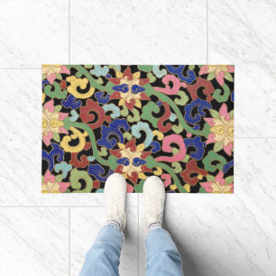 Paillasson Motif floral chinois coloré sur fond noir