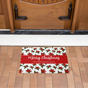 Paillasson motif floral rouge de Noël nom de famille