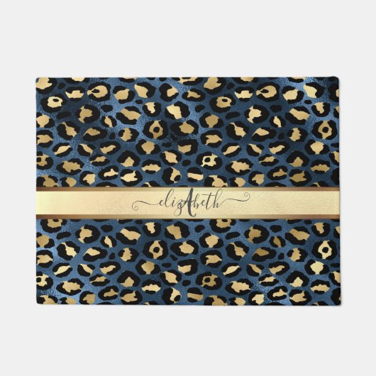 Paillasson Motif léopard bleu or monogramme (Devant)