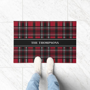 Paillasson Motif Tartan à Carreaux Rouges et Noirs Avec Texte