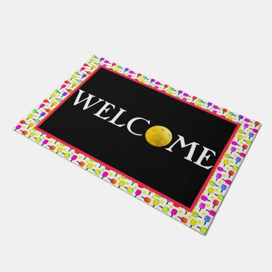 Paillasson Multicolore, Pickleball Paddle & Balls, Bienvenue (Incliné)