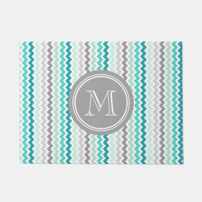 Paillasson Natte grise turquoise de monogramme de Chevron de (Devant)