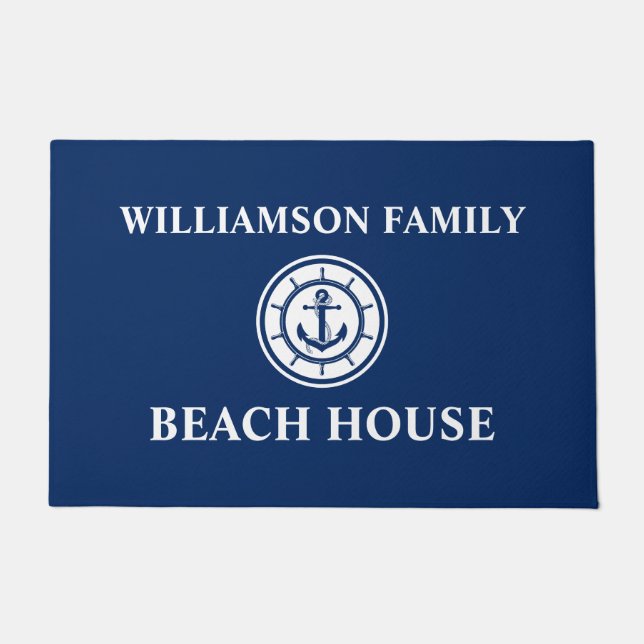 Paillasson Nautical Beach House Nom de famille Ancre Roue Ble (Devant)