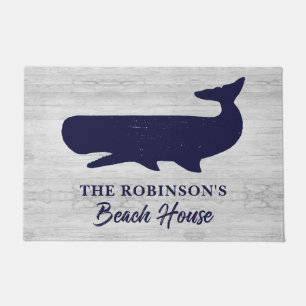 Paillasson Nautical Blue Blanc Nom de famille Baleine rustiqu