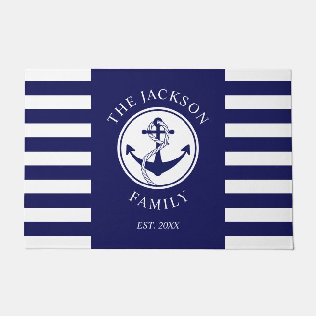 Paillasson Nautical Blue Stripes Nom de famille (Devant)