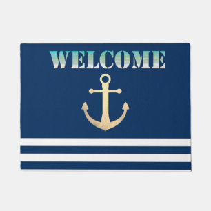 Paillasson Nautical, Gold Anchor Navy Blue Striped