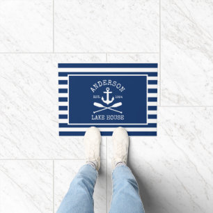 Paillasson Nautical Lake House Marine Blue Striped Ancre Oars
