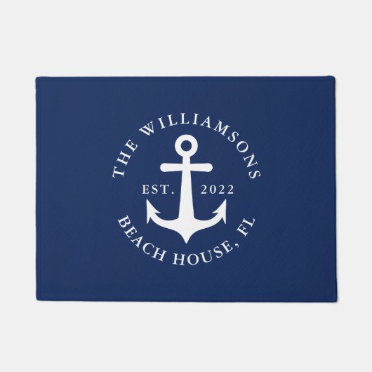 Paillasson Nautical Navy Blue Nom de famille Ancre Beach Hous (Devant)
