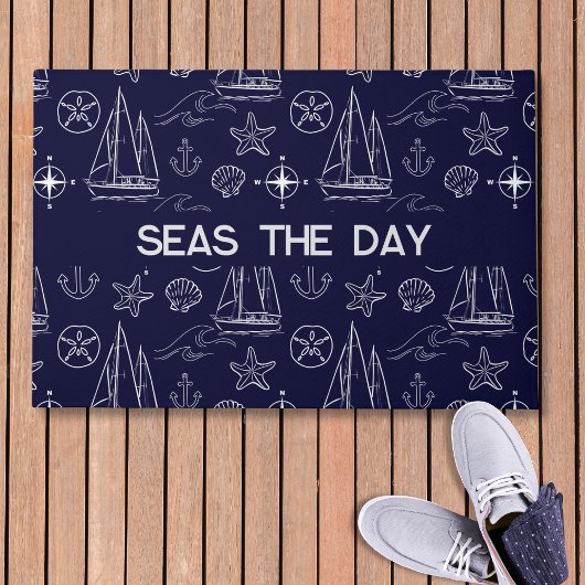 Paillasson Nautical Navy Blue Sailboat Pattern Name 