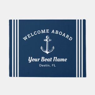Paillasson Nautical Navy Blue Welcome Aboard Boat Name Anchor