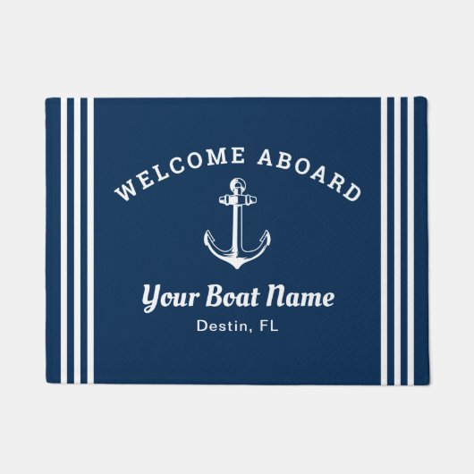 Paillasson Nautical Navy Blue Welcome Aboard Nom du bateau An (Devant)