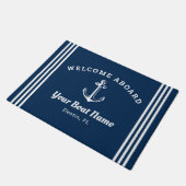 Paillasson Nautical Navy Blue Welcome Aboard Nom du bateau An (Incliné)