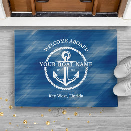 Paillasson Nautical Navy Blue Welcome Aboard Nom du bateau An