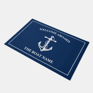 Paillasson Nautical Navy Blue Welcome Aboard Nom du bateau An