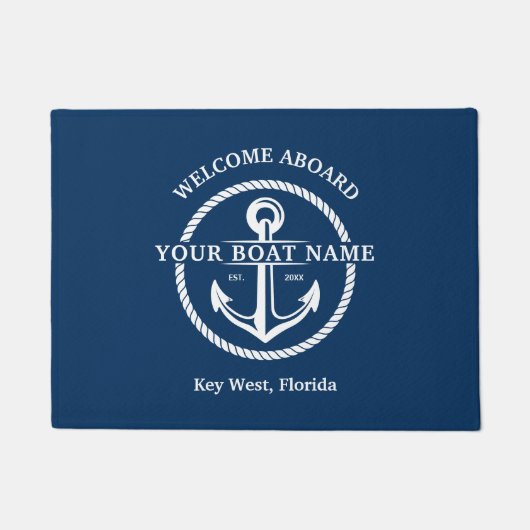 Paillasson Nautical Navy Blue Welcome Aboard Nom du bateau An (Devant)