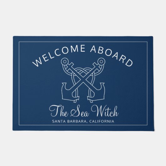 Paillasson Nautical Navy Blue Welcome Aboard Nom du bateau An (Devant)