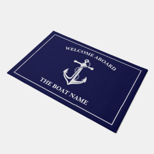 Paillasson Nautical Navy Blue Welcome Aboard Nom du bateau An