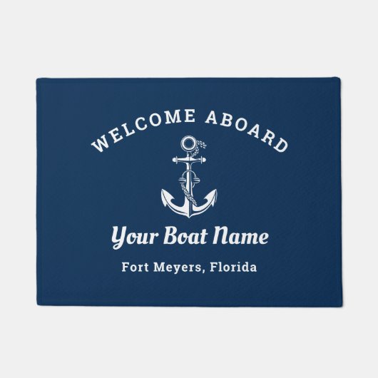 Paillasson Nautical Navy Blue Welcome Aboard Nom du navire An (Devant)