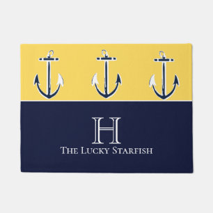 Paillasson Nautical Navy Mustard Yellow Ancre maison de plage