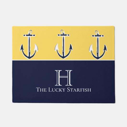Paillasson Nautical Navy Mustard Yellow Ancre maison de plage (Devant)