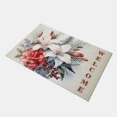 Paillasson Noël Blanc Fleurs Rouges Vacances Élégant (Incliné)