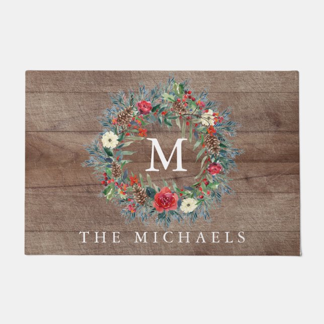 Paillasson Noël de la couronne À feuillage persistant rustiqu (Devant)