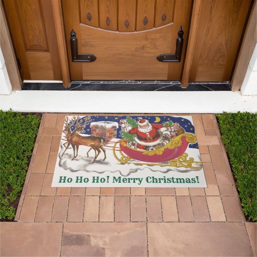 Paillasson Noël Vintage, Jolly Santa Claus avec Sleigh (De plein air)