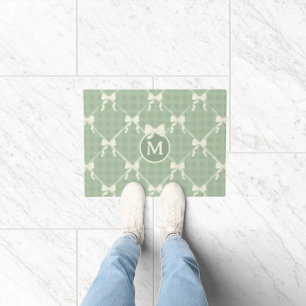 Paillasson Nœuds Coquette Gingham Monogramme Crème Vert Sauge