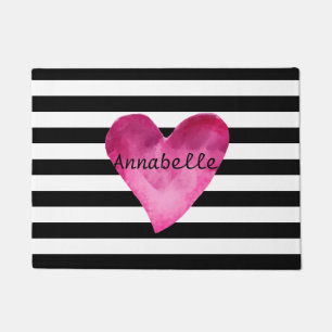 Paillasson Noir + Blancs Aquarelle rose Nom du coeur