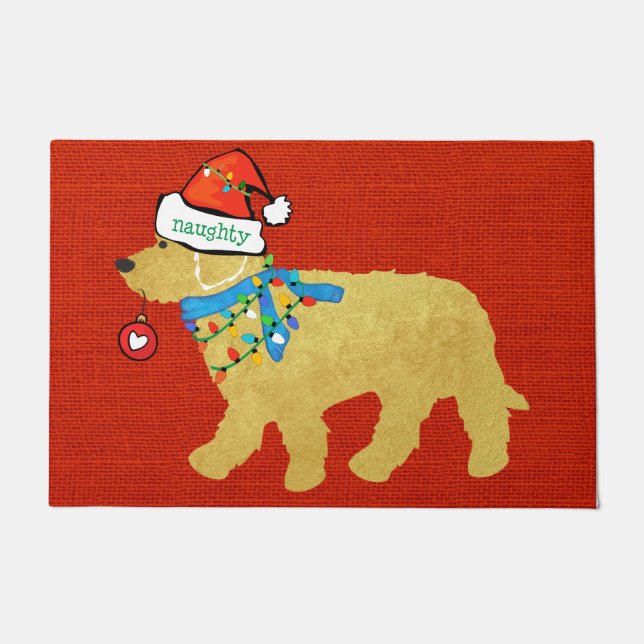 Paillasson Noir coquin Goldendoodle Xmas Red Burlap (Devant)
