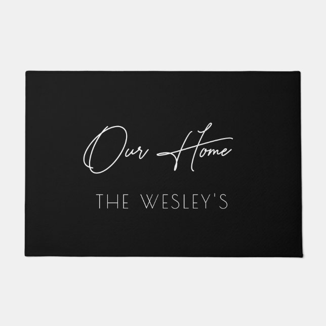 Paillasson Noir Notre maison Script personnalisé Porte Mat (Devant)