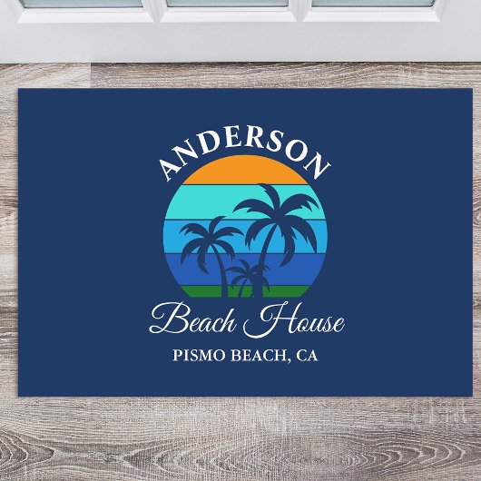 Paillasson Nom de famille Beach House Sun Palm Trees Blue