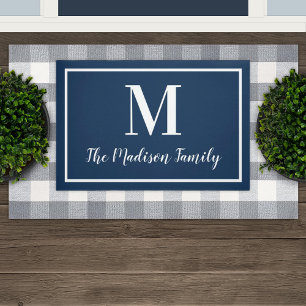 Paillasson Nom de famille élégant bleu marine monogramme