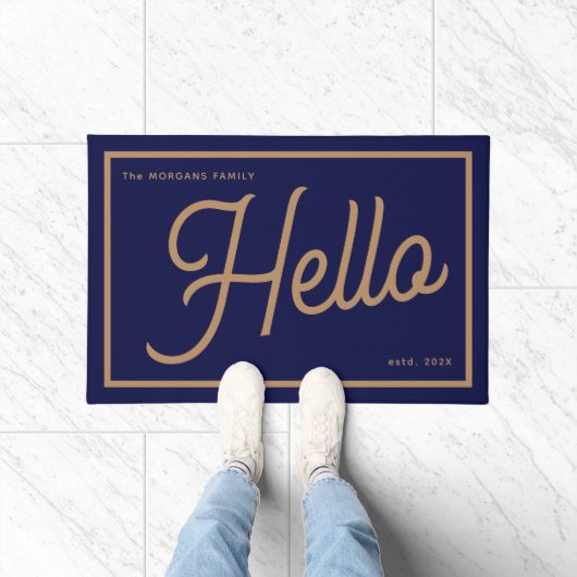 Paillasson Nom de famille moderne Hello Blue Gold Script (Intérieur)