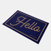 Paillasson Nom de famille moderne Hello Blue Gold Script (Incliné)