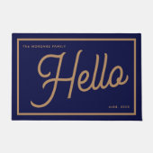 Paillasson Nom de famille moderne Hello Blue Gold Script (Devant)