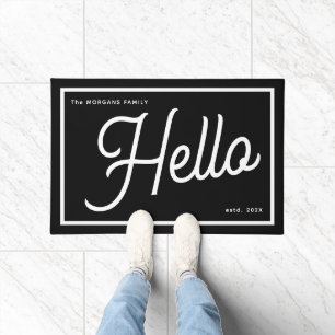 Paillasson Nom de famille moderne Hello noir et blanc Script