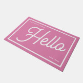 Paillasson Nom de famille moderne Hello Rose Blanc Script (Incliné)