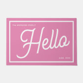 Paillasson Nom de famille moderne Hello Rose Blanc Script (Devant)