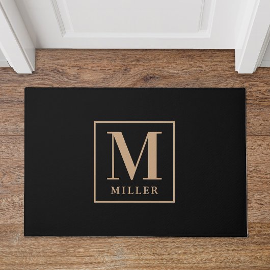 Paillasson Nom de famille moderne noir et bronze Monogramme