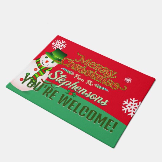 Paillasson Nom de famille sur Snowman RED Welcome (Incliné)