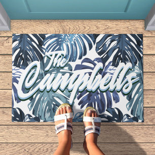 Paillasson Nom de famille tropical Blue White Palm Feuilles