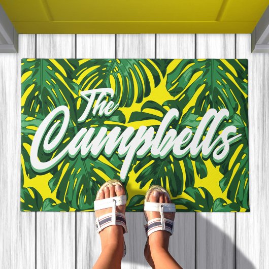 Paillasson Nom de famille tropicale Monstère jaune vert Feuil