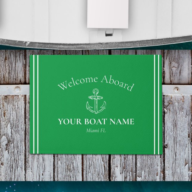Paillasson Nom de l'Ancre et du bateau Kelly Green Nautical (Welcome Aboard Boat Welcome Mat Personalized with Your Boat Name and Home Port in Kelly Green)