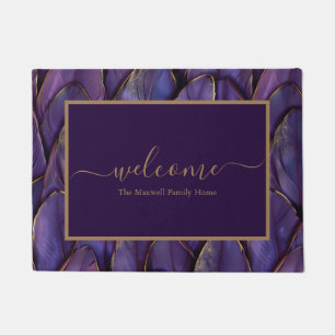 Paillasson Nom de plumes violettes dorées de bienvenue 