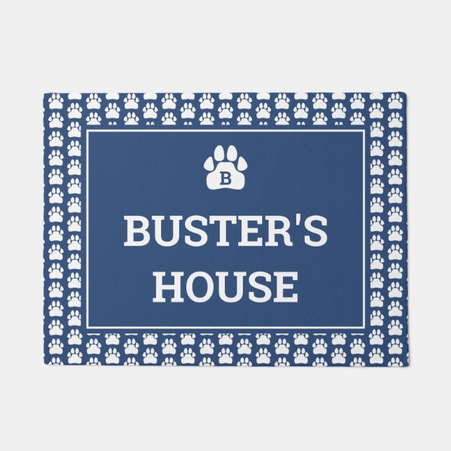 Paillasson Nom du chien du Empreinte de patte blanc bleu (Devant)