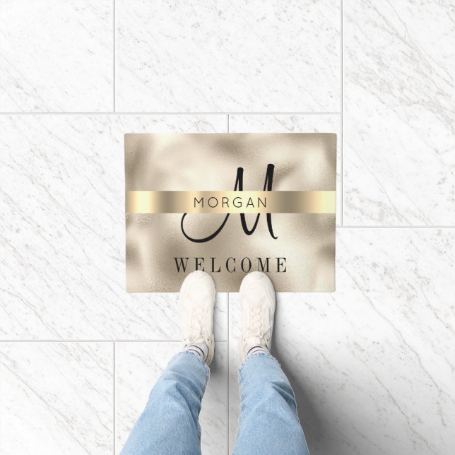 Paillasson Nom & Grand Monogramme, Message, Texte noir, Or (Intérieur)