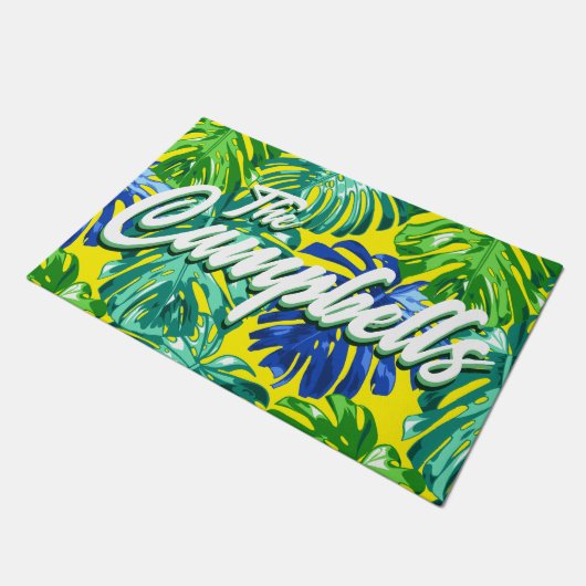 Paillasson Nom Tropical Vert Bleu Jaune Monstera Feuilles (Incliné)